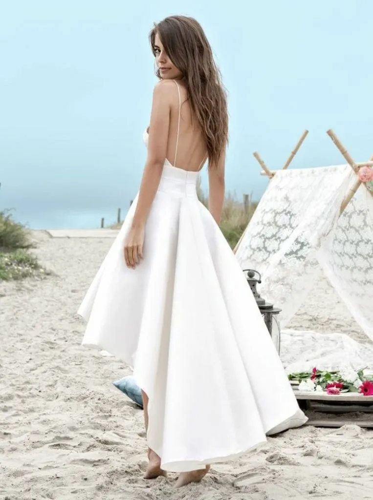 White V Neck High Low Backless Wedding Dresses, White Backless Prom Dresses With Spaghetti Straps