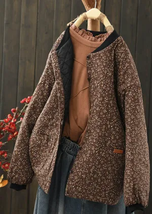 Women Coffee Pockets Print Fine Cotton Filled Coat Spring