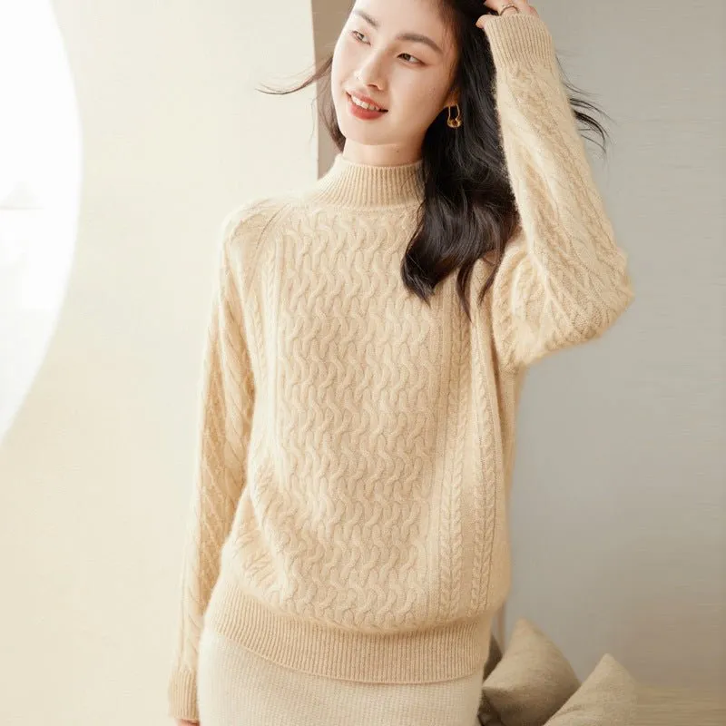 Womens Cable-Knit Cashmere Sweater Half Turtleneck Sweaters Jumpers