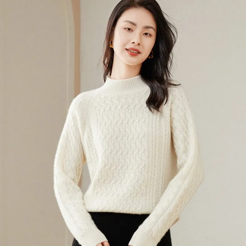 Womens Cable-Knit Cashmere Sweater Half Turtleneck Sweaters Jumpers