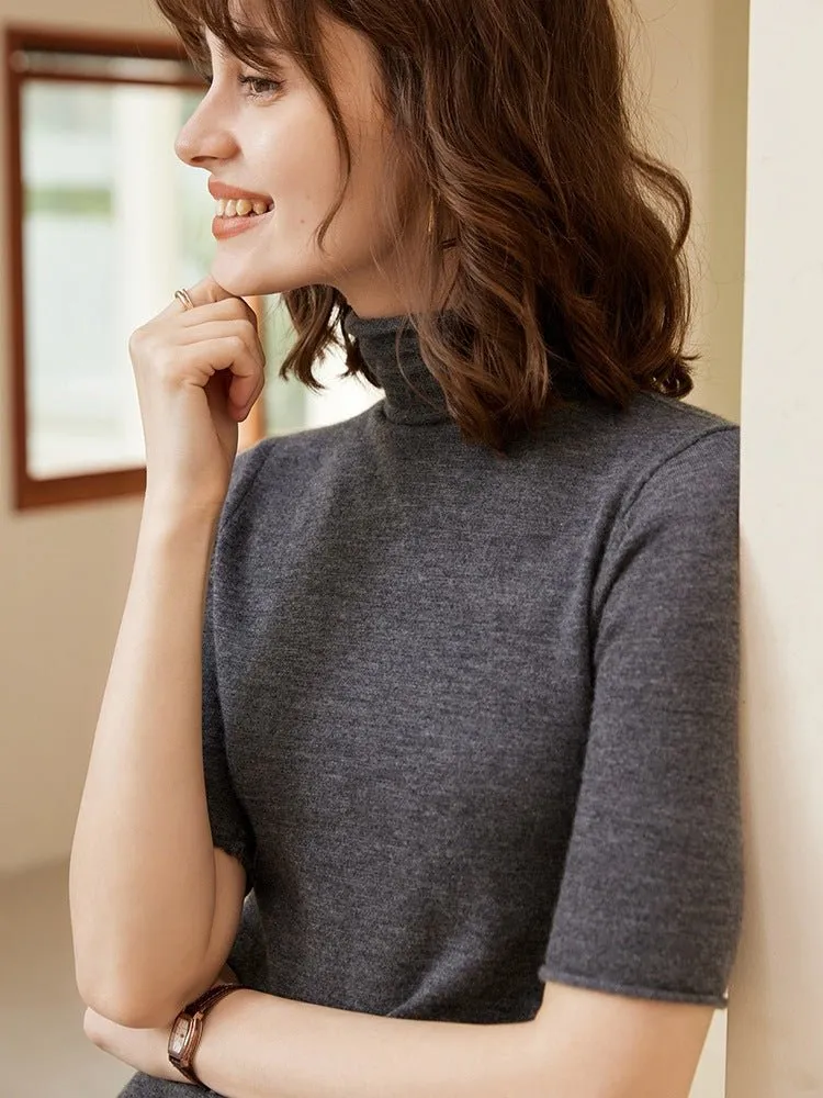 Womens Cashmere Sweater Short Sleeve Turtleneck Pure Cashmere Blouse