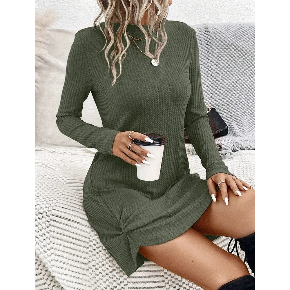 Women's Casual Mini Dresses - All Season Basics Fold Long Sleeve Crew Neck T-shirt Daily Dresses