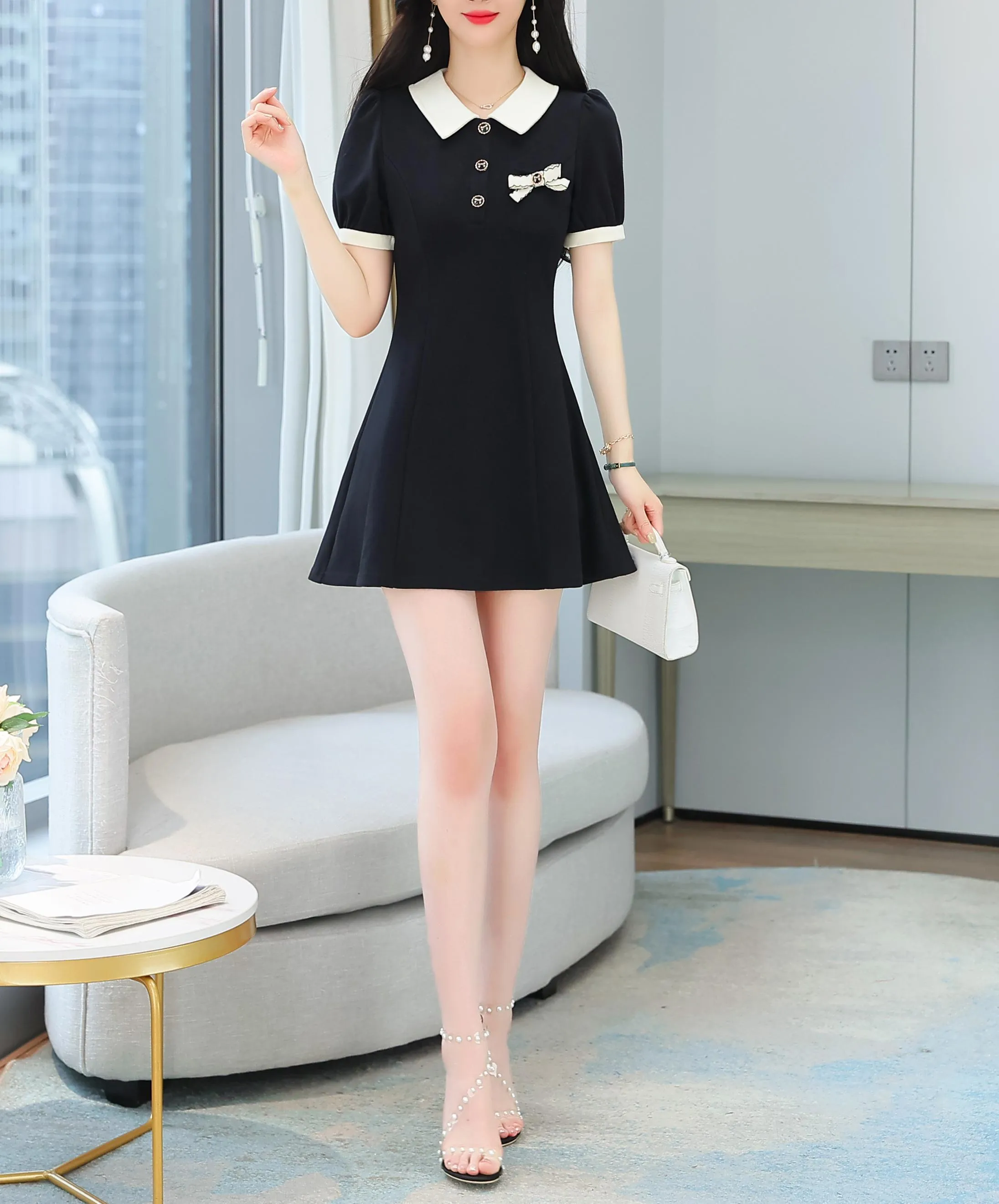 Women's Chic Jersey Dress Featuring Thigh-length Cut and Bow Decor