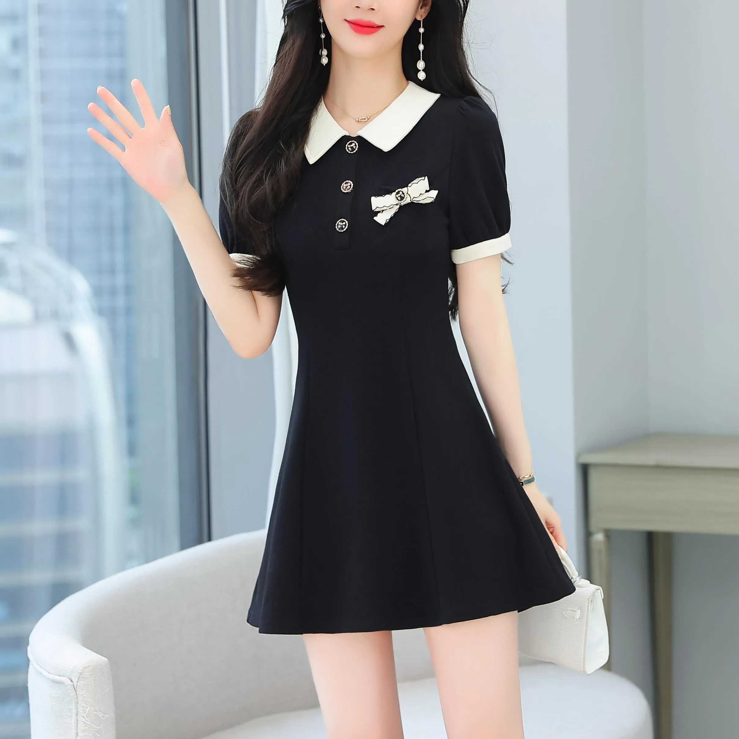 Women's Chic Jersey Dress Featuring Thigh-length Cut and Bow Decor
