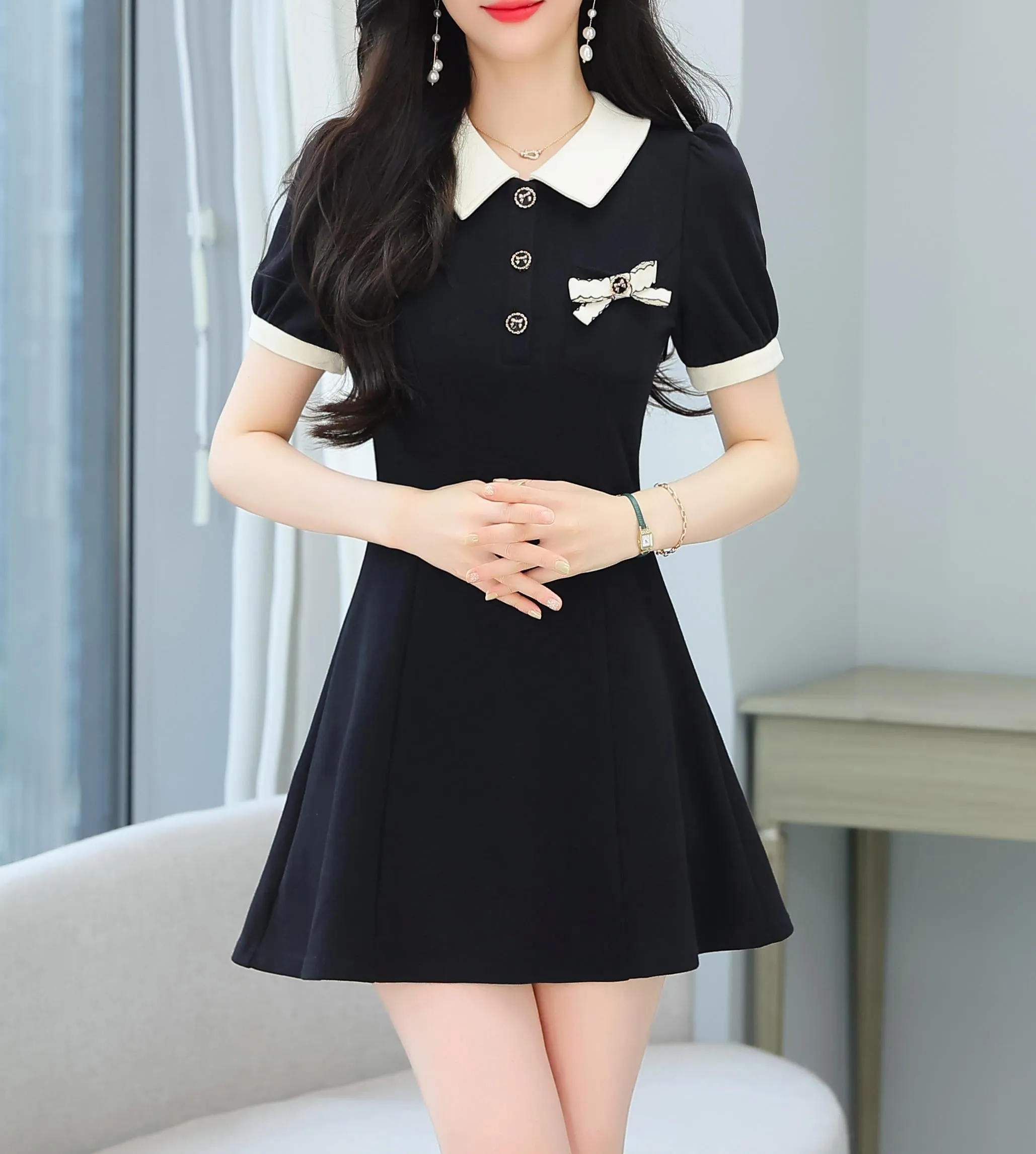 Women's Chic Jersey Dress Featuring Thigh-length Cut and Bow Decor