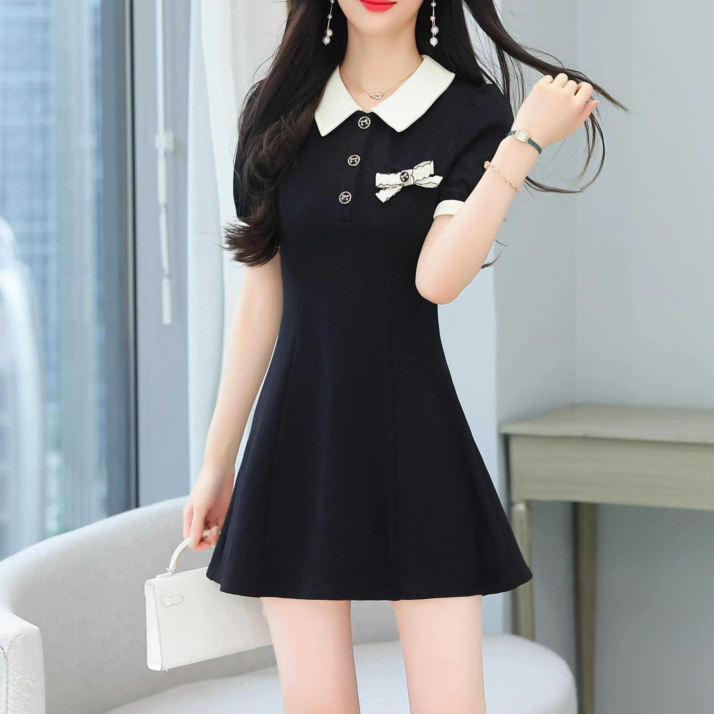 Women's Chic Jersey Dress Featuring Thigh-length Cut and Bow Decor