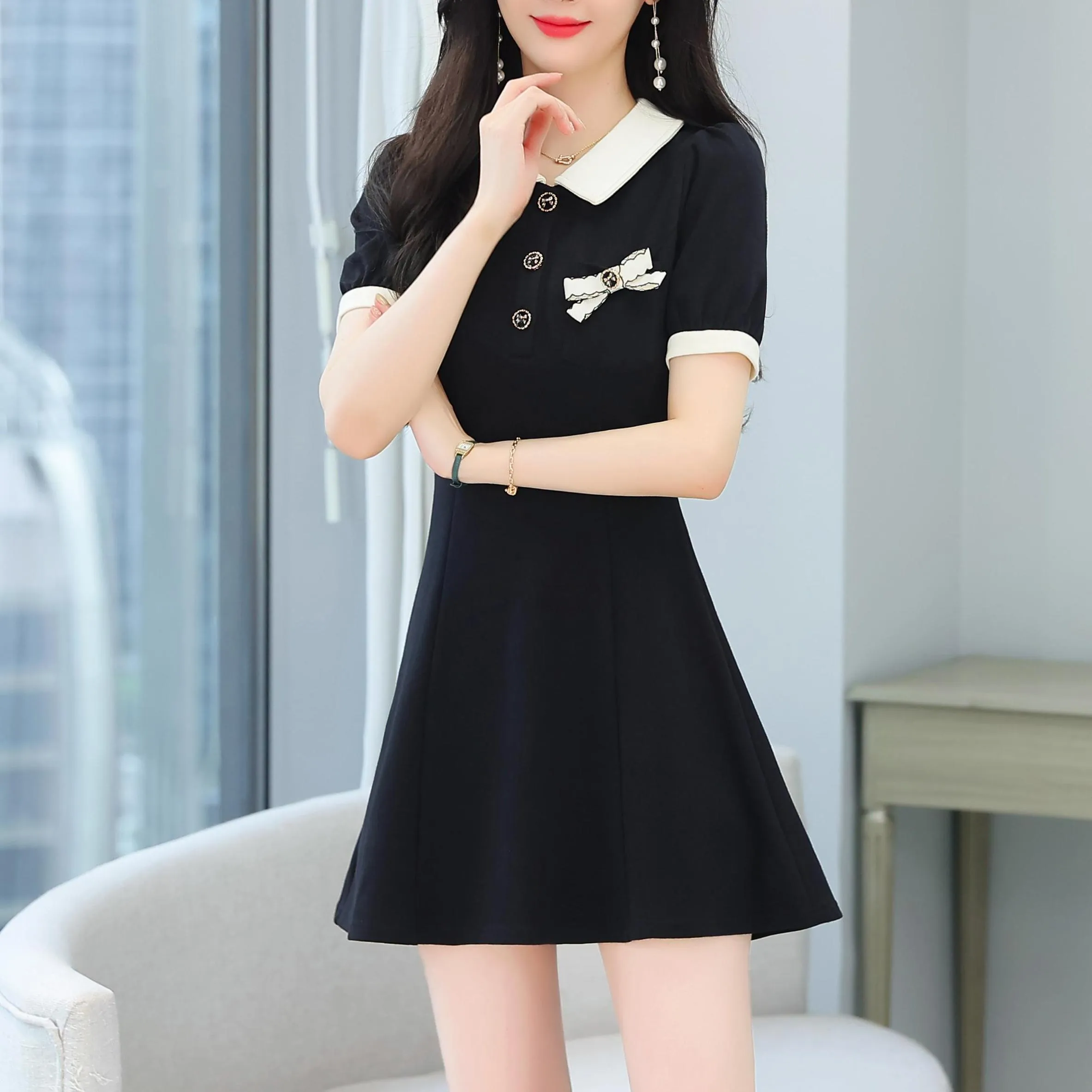 Women's Chic Jersey Dress Featuring Thigh-length Cut and Bow Decor