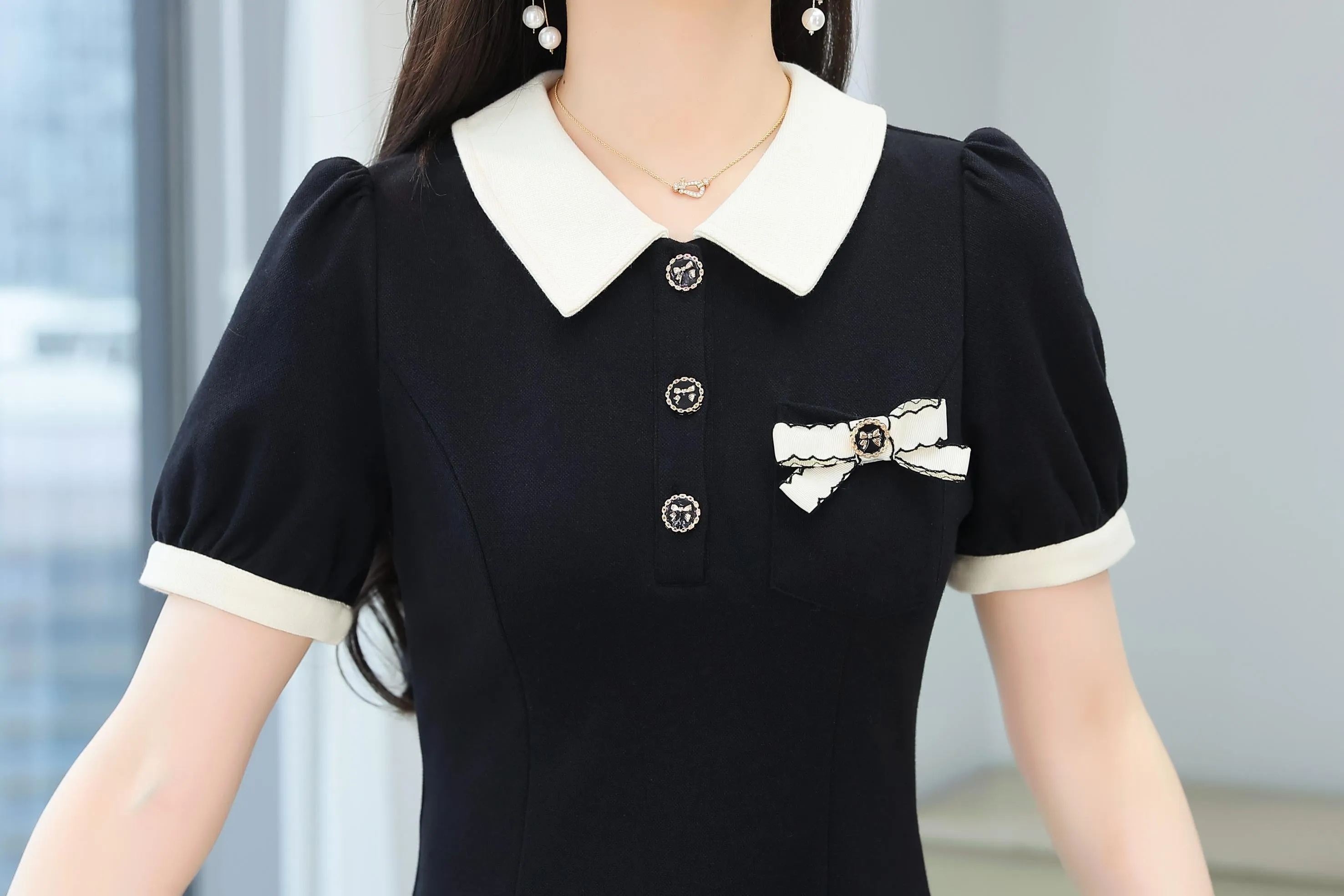 Women's Chic Jersey Dress Featuring Thigh-length Cut and Bow Decor