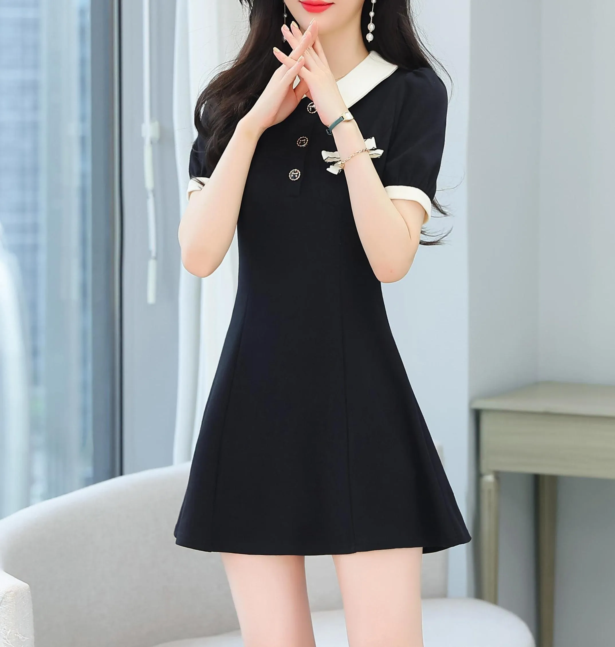 Women's Chic Jersey Dress Featuring Thigh-length Cut and Bow Decor