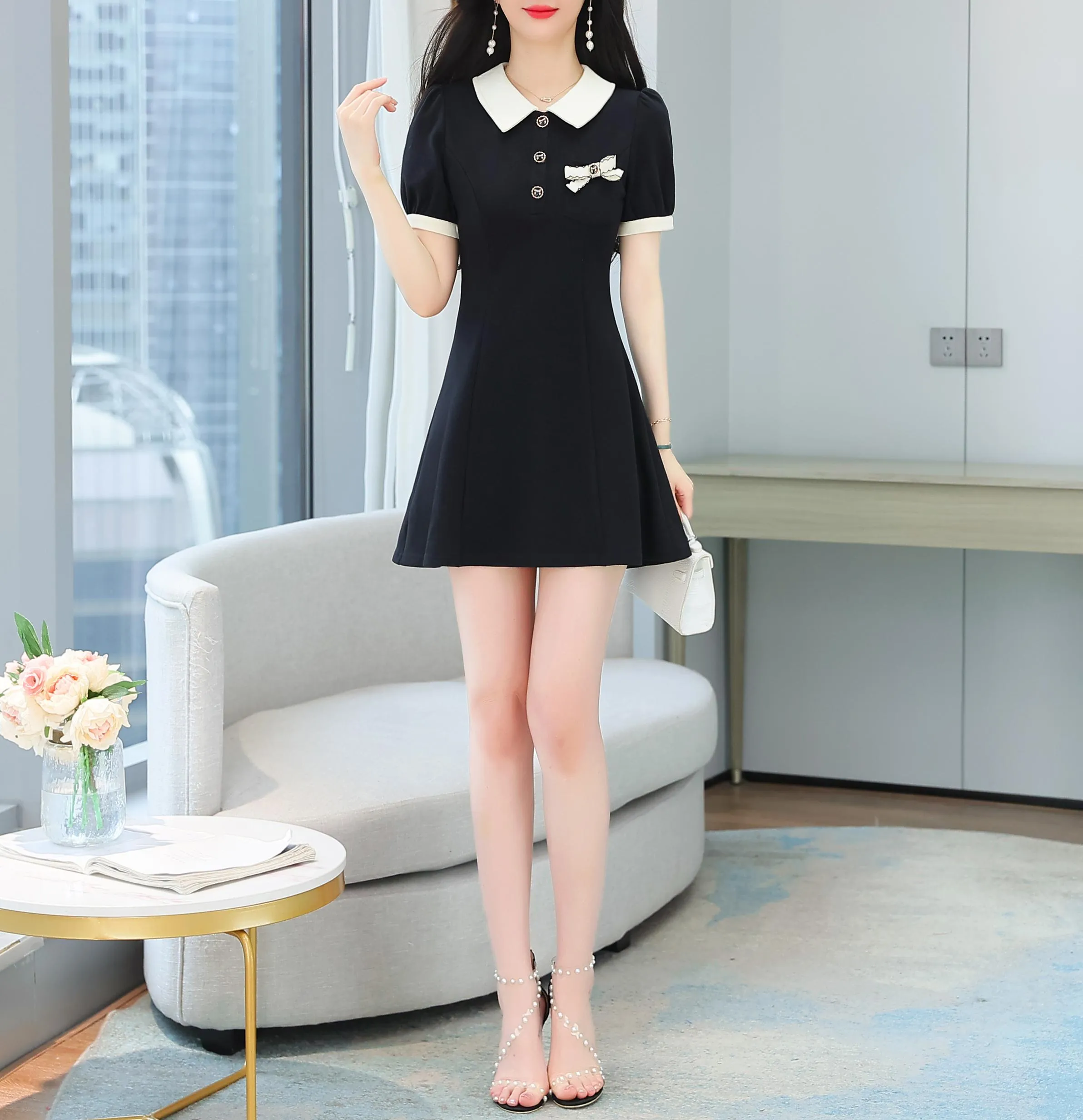 Women's Chic Jersey Dress Featuring Thigh-length Cut and Bow Decor