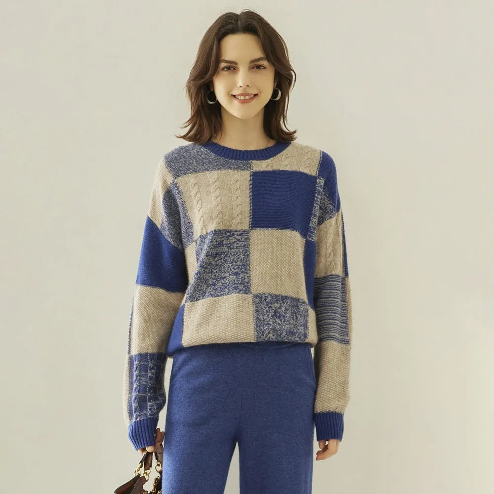 Womens Crew Neck Cashmere Sweater Warm Plaid Cashmere Knit Pullover