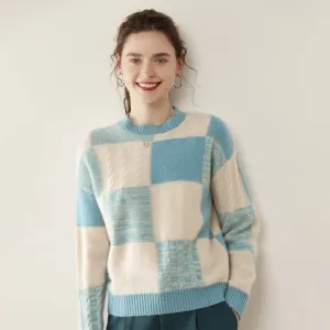 Womens Crew Neck Cashmere Sweater Warm Plaid Cashmere Knit Pullover