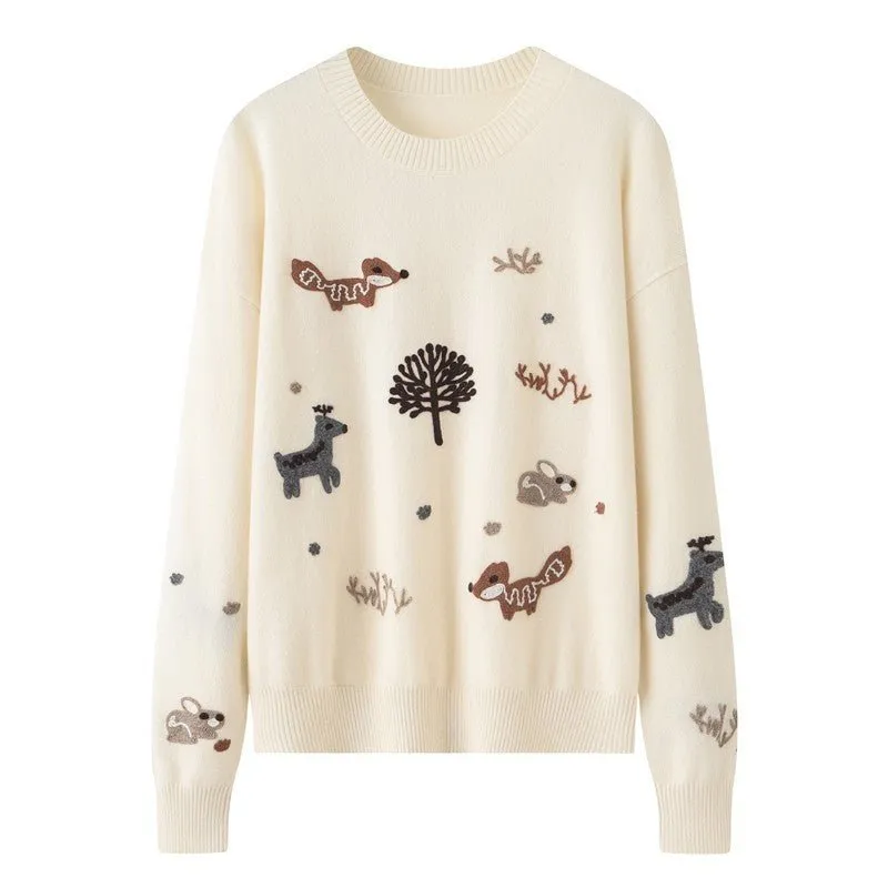 Womens Crew Neck Woodland Animal Intarsia Cashmere Sweater Pullover