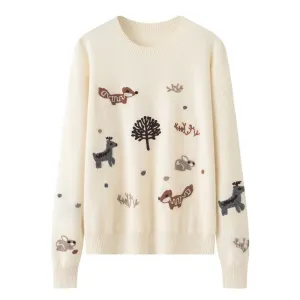 Womens Crew Neck Woodland Animal Intarsia Cashmere Sweater Pullover