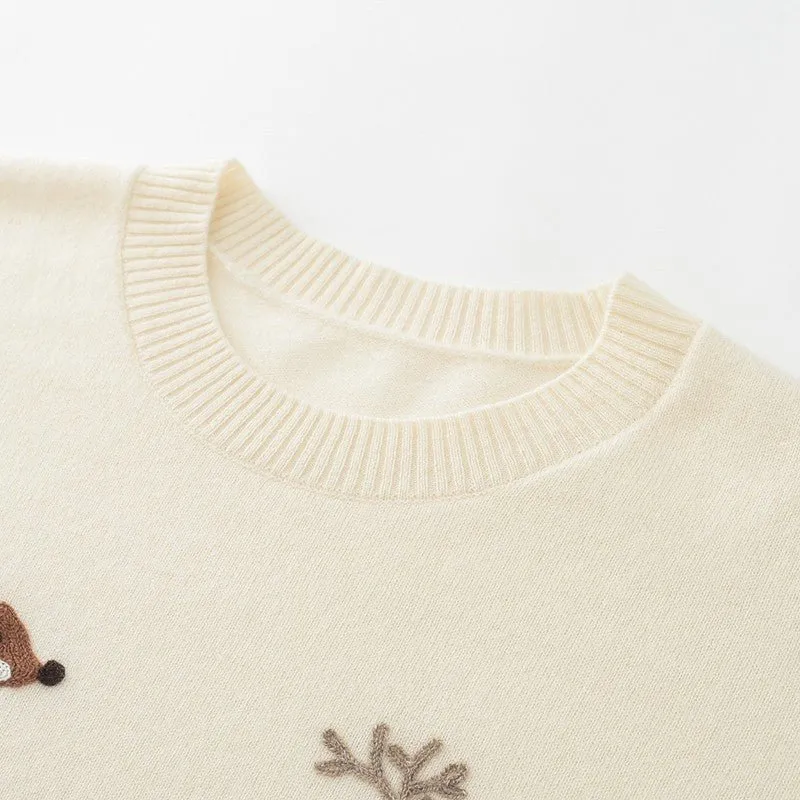 Womens Crew Neck Woodland Animal Intarsia Cashmere Sweater Pullover