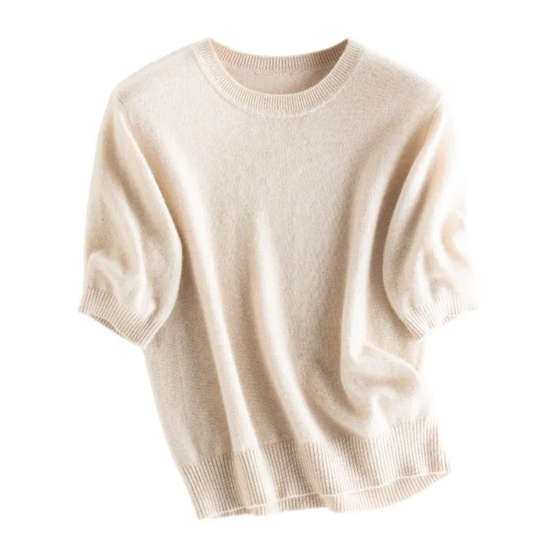 Womens Elbow Sleeve Cashmere Sweater Crew Neck Cashmere Pullover