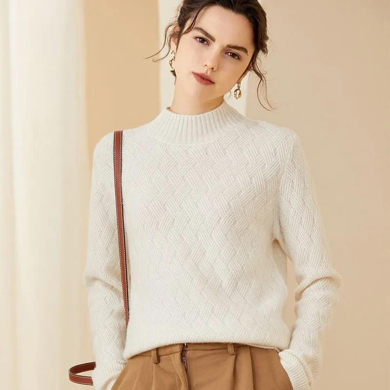 Womens Luxury Cashmere Sweater Textured Knit Mock Neck Sweater