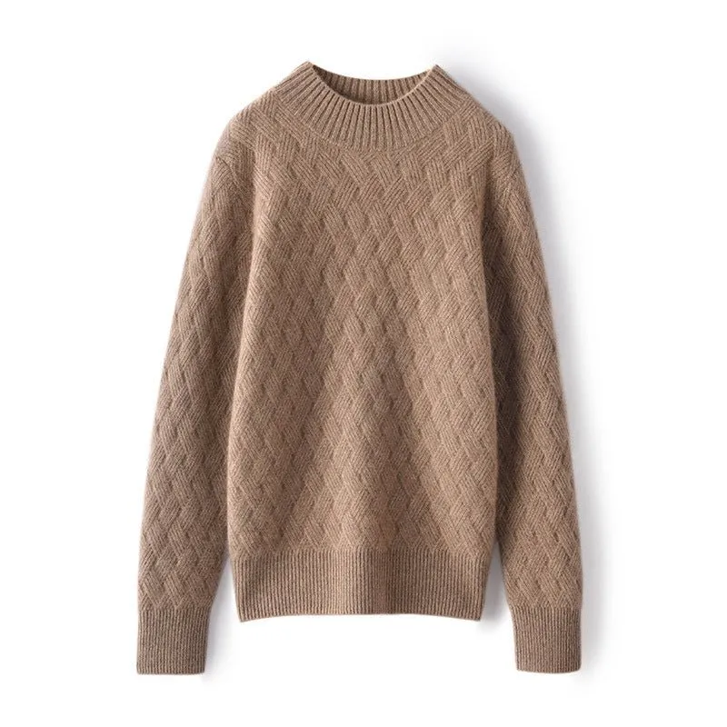 Womens Luxury Cashmere Sweater Textured Knit Mock Neck Sweater