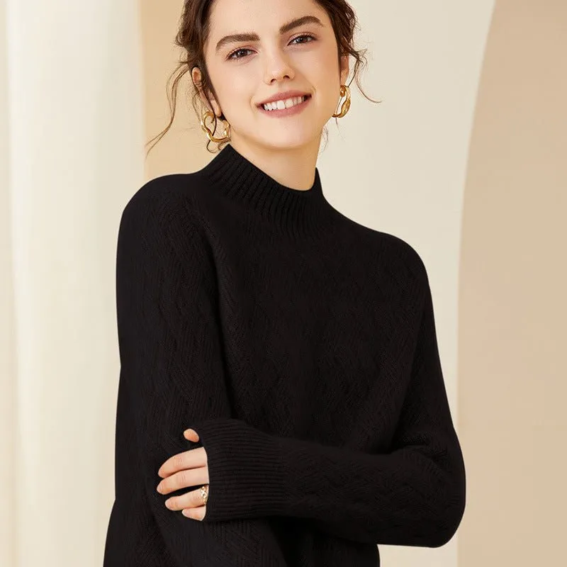 Womens Luxury Cashmere Sweater Textured Knit Mock Neck Sweater