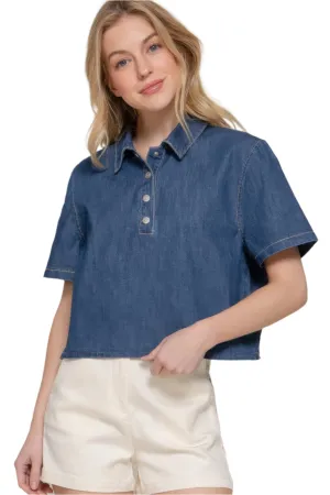 Womens Short Sleeve Boxy Dark Denim Shirt