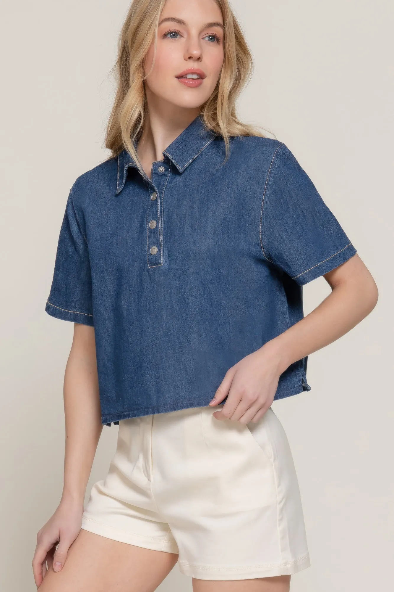 Womens Short Sleeve Boxy Dark Denim Shirt