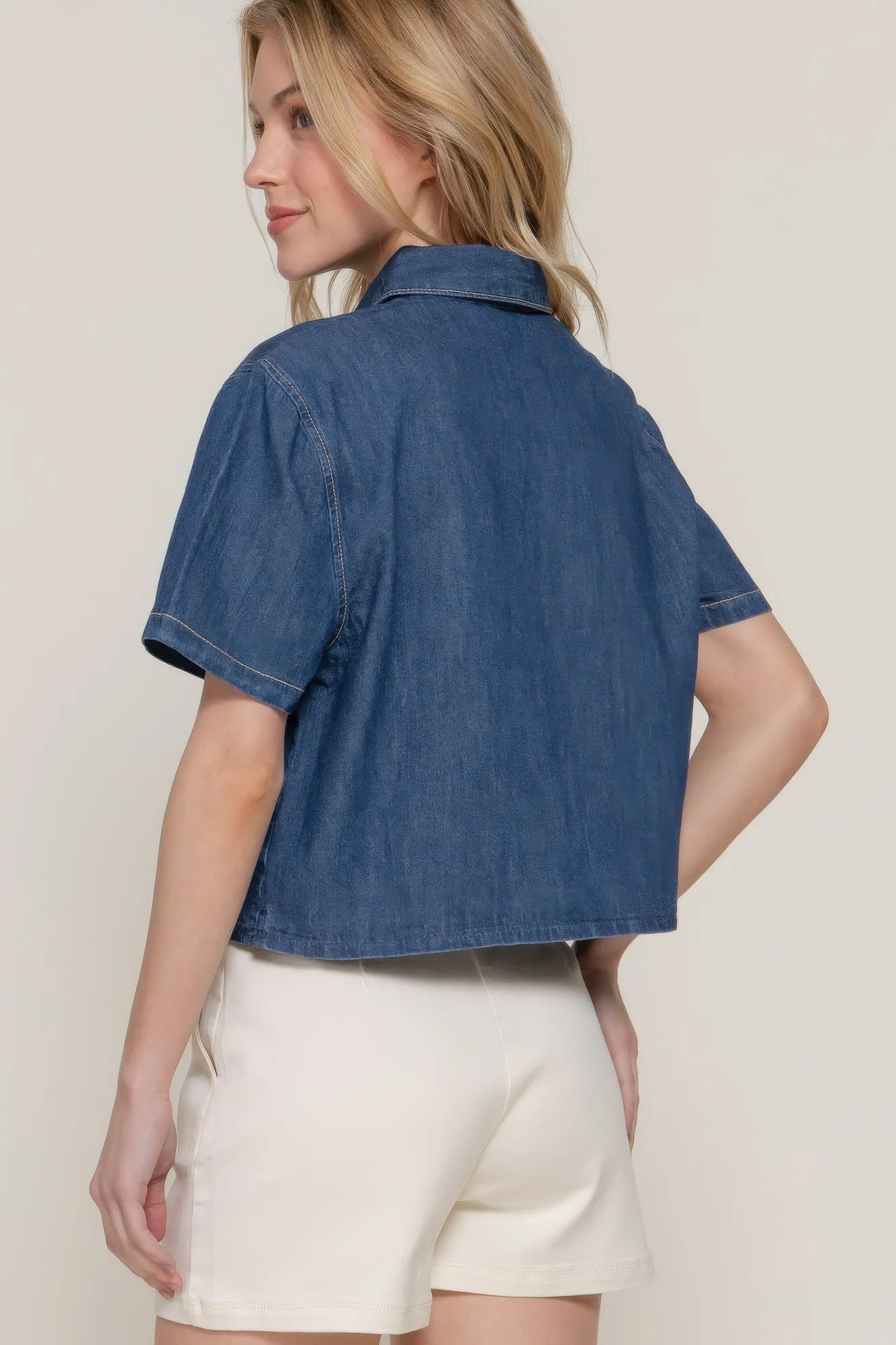 Womens Short Sleeve Boxy Dark Denim Shirt