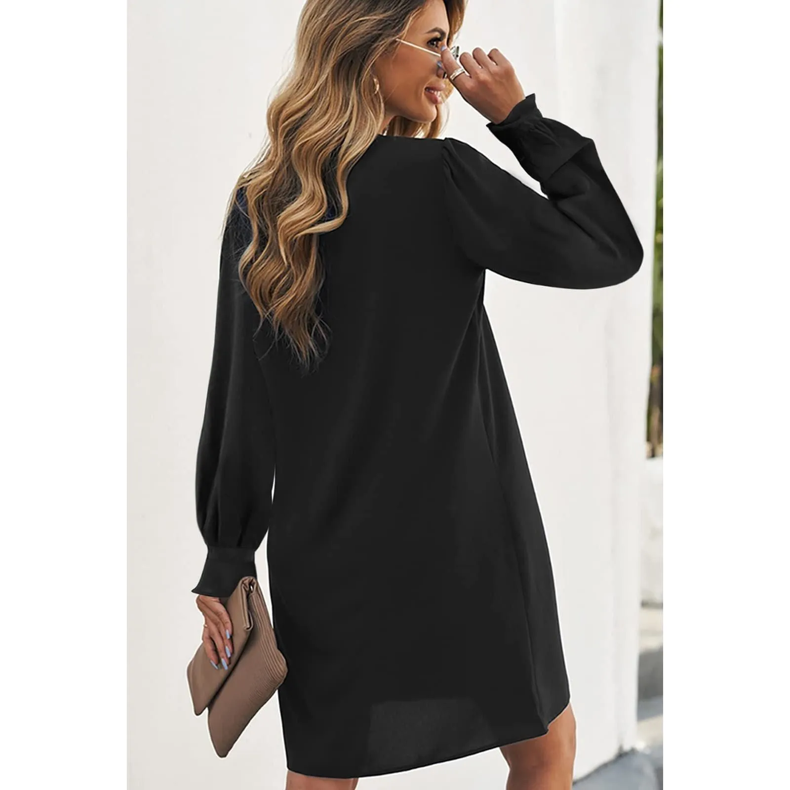 Women's V Neck Tunic Dress Summer T Shirt Casual Mini Dress Puff Half/Long Sleeve Flare Work Dresses