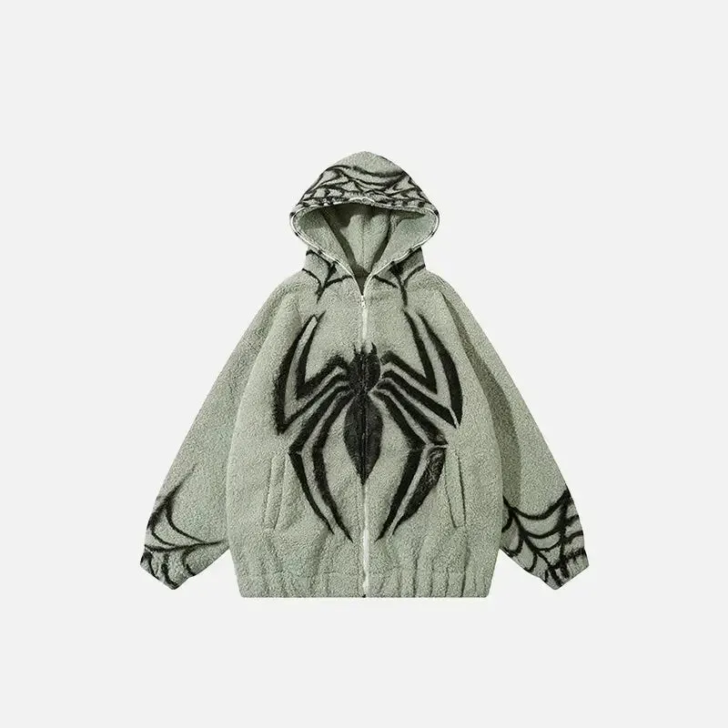 Y2K Spider Loose Fleece Zip Jacket for Stylish Streetwear