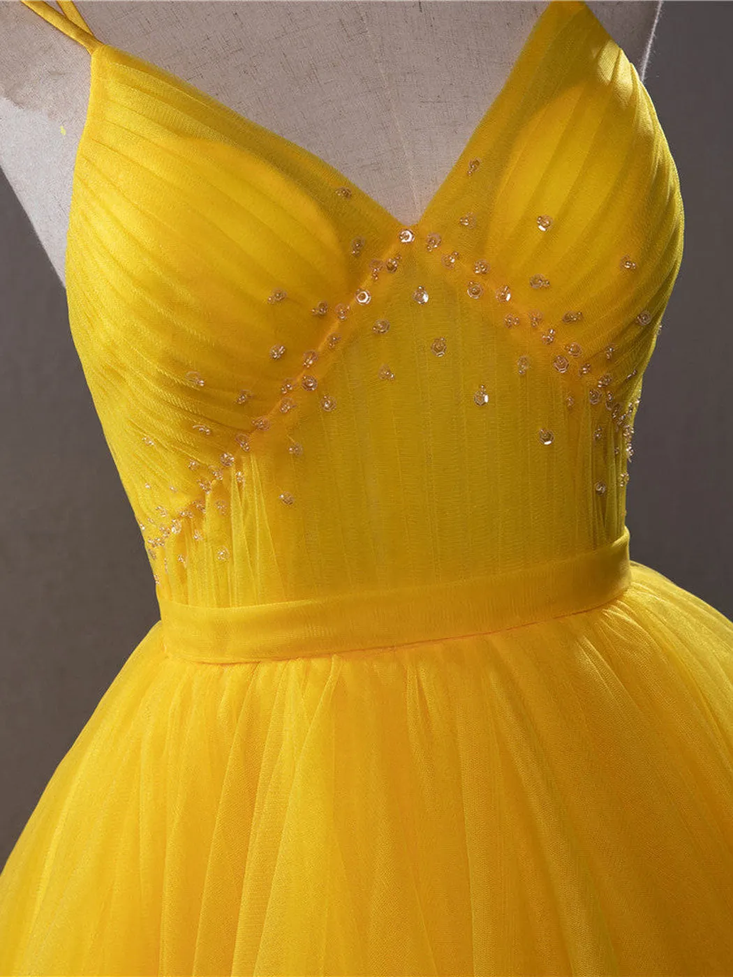 Yellow v neck tulle long prom dress yellow formal dress