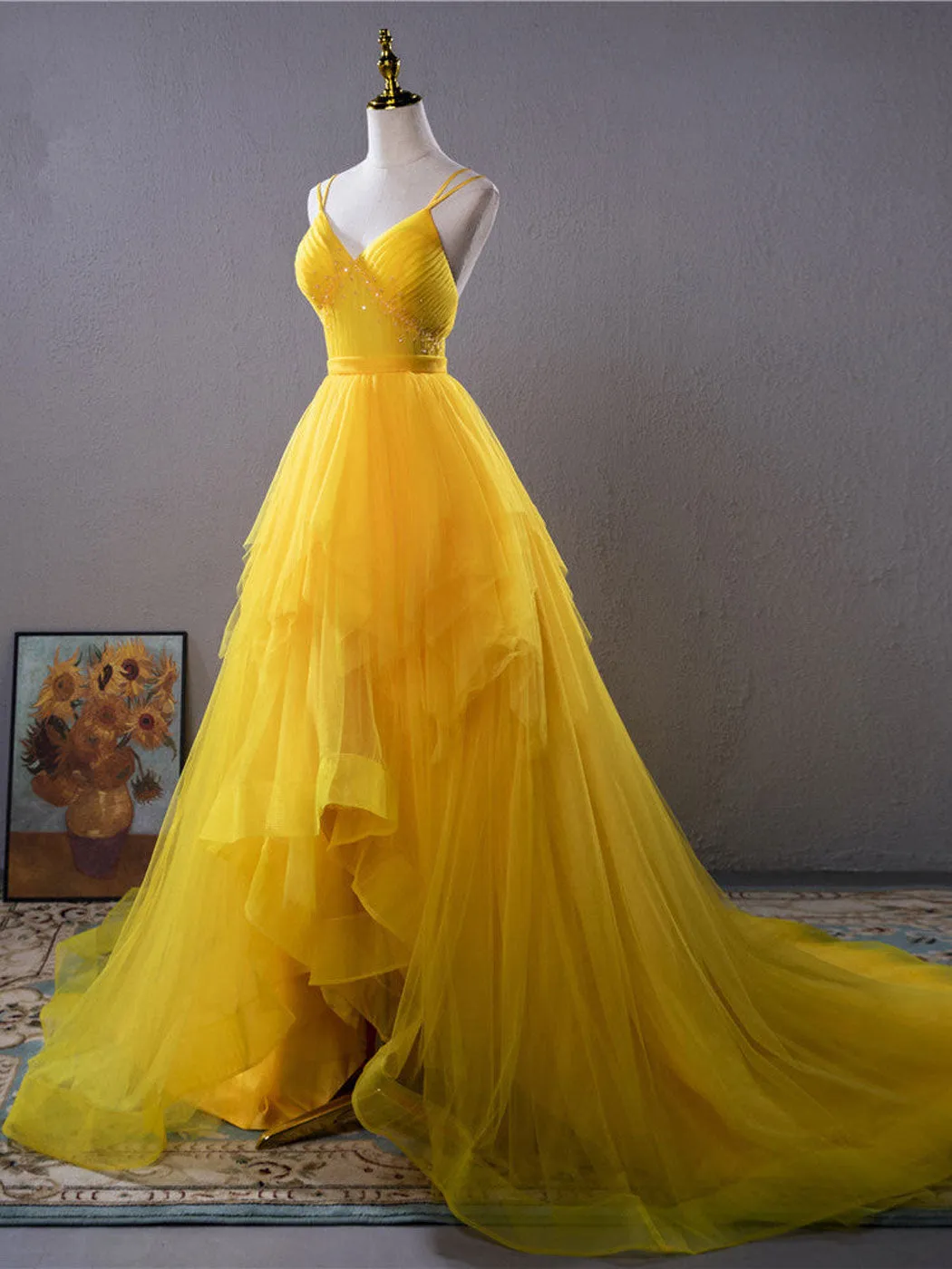 Yellow v neck tulle long prom dress yellow formal dress