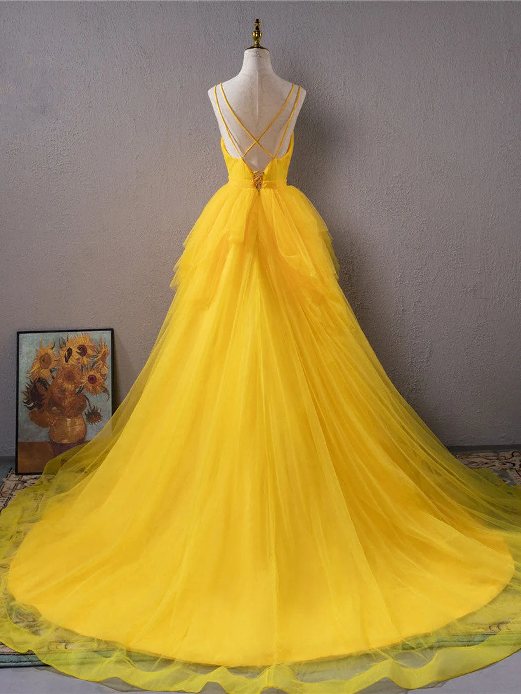 Yellow v neck tulle long prom dress yellow formal dress