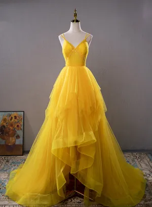 Yellow v neck tulle long prom dress yellow formal dress
